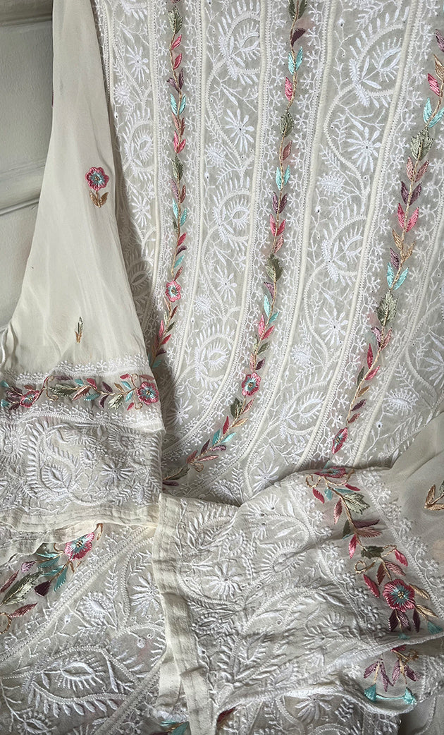 Women's Lakhnavi Handcrafted Pure Silk Georgette Unstitched Chikankari Anarkali And Dupatta Set- HONC0313288