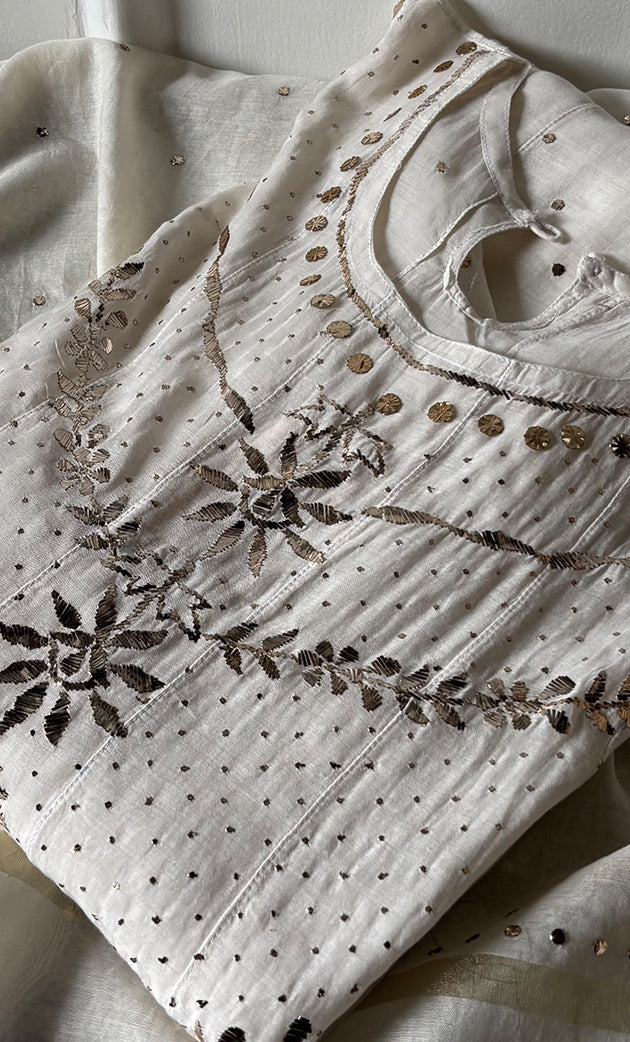 Women's Lakhnavi Handcrafted Mul Chanderi Semi - stitched Kurta And Dupatta Set- HONC0321822