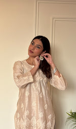 Anika Women's Lucknowi Handcrafted Chanderi Silk Chikankari Top with Farshi Salwar Set .