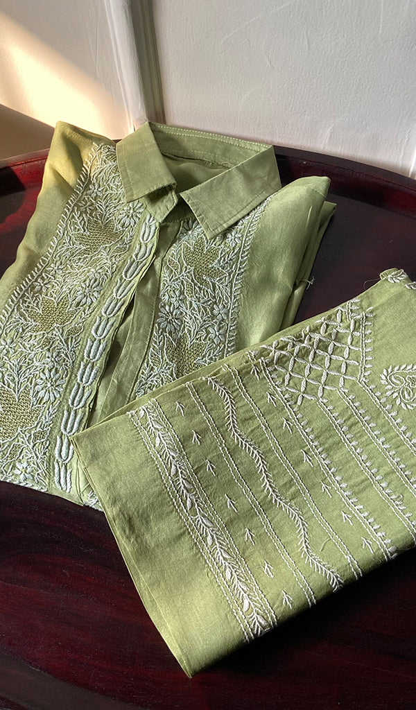 Afifa Women's Lakhnavi Handcrafted Chanderi Silk Chikankari Top And Pant Set - HONC0279049
