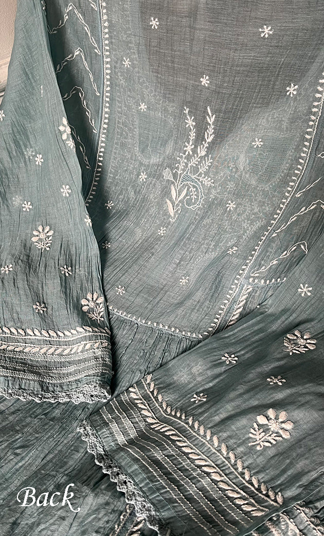 Izana Women's Lakhnavi Handcrafted Mul Chanderi Semi - stitched Chikankari Full Suit Material - HONC0333504