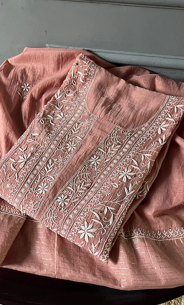 Women's Lakhnavi Handcrafted Mul Chanderi Semi - Stitched Kurta And Dupatta Set - HONC0284761