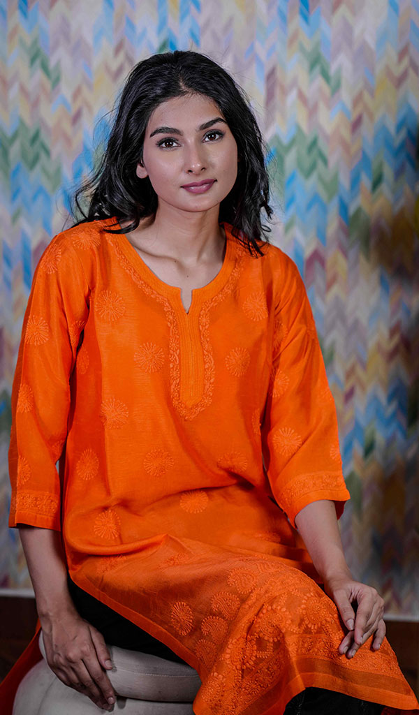Heena Women's Lucknowi Handcrafted Raw Silk Chikankari Kurti - HONC0201974