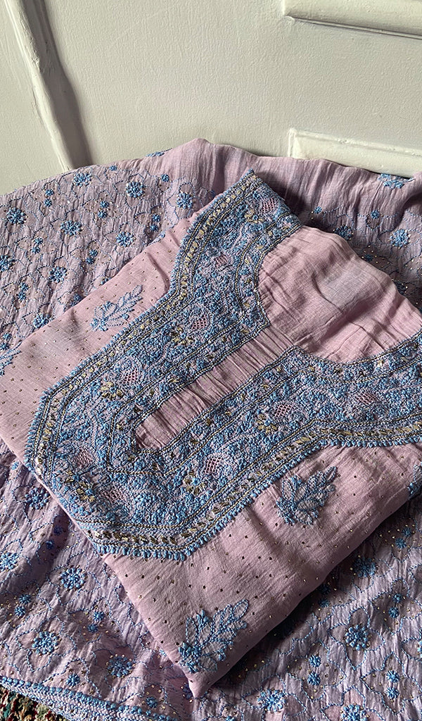 Women's Lakhnavi Handcrafted Mul Chanderi Unstitched Kurta And Dupatta Set - HONC0320354