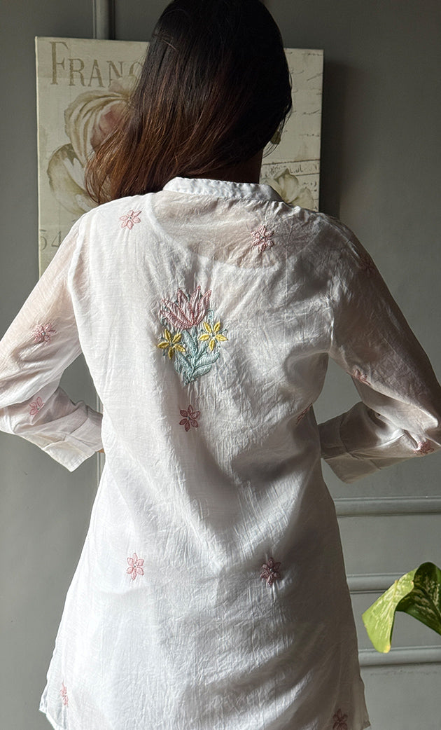 Women's Lakhnavi Handcrafted Mul Chanderi  Chikankari Top - HONC0305258