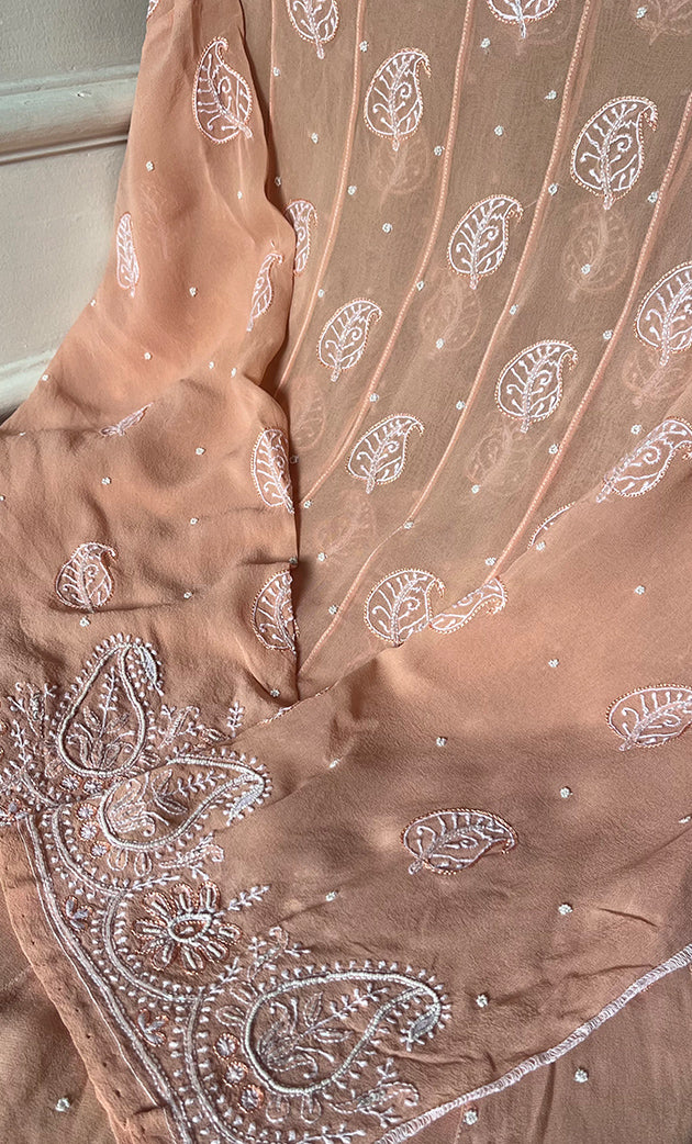 Women's Lakhnavi Handcrafted Pure Silk Georgette Unstitched Chikankari Anarkali And Dupatta Set- HONC0258457