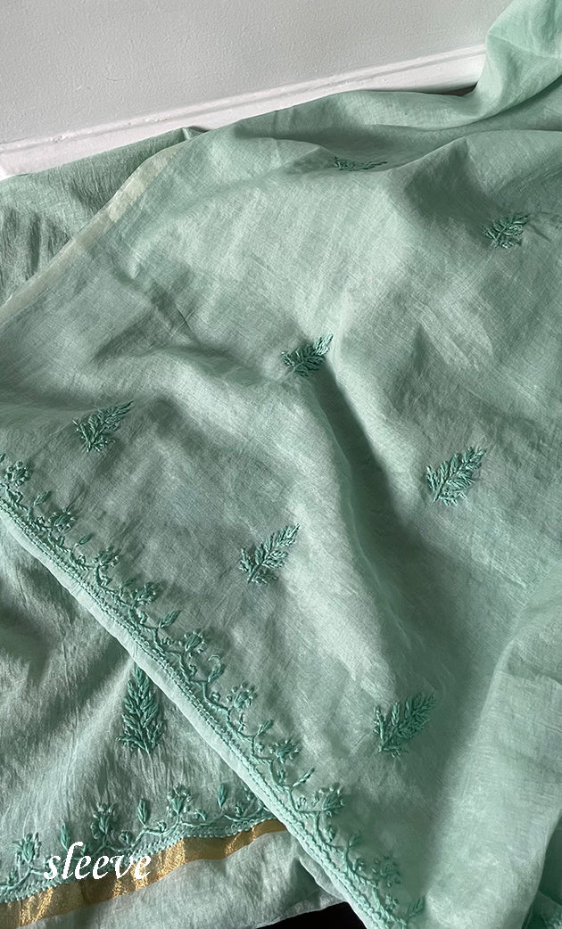 Women's Lakhnavi Handcrafted Mul Chanderi Unstitched Chikankari Full Suit Material - HONC0307425