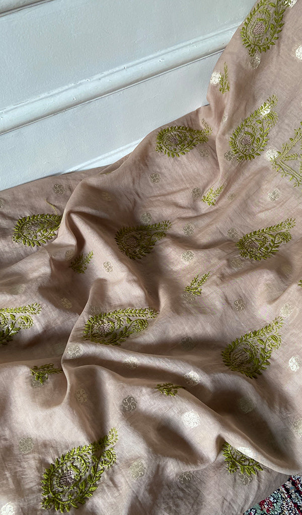 Lakhnavi Handcrafted Chanderi Silk Chikankari Full Suit Material - HONC0321898