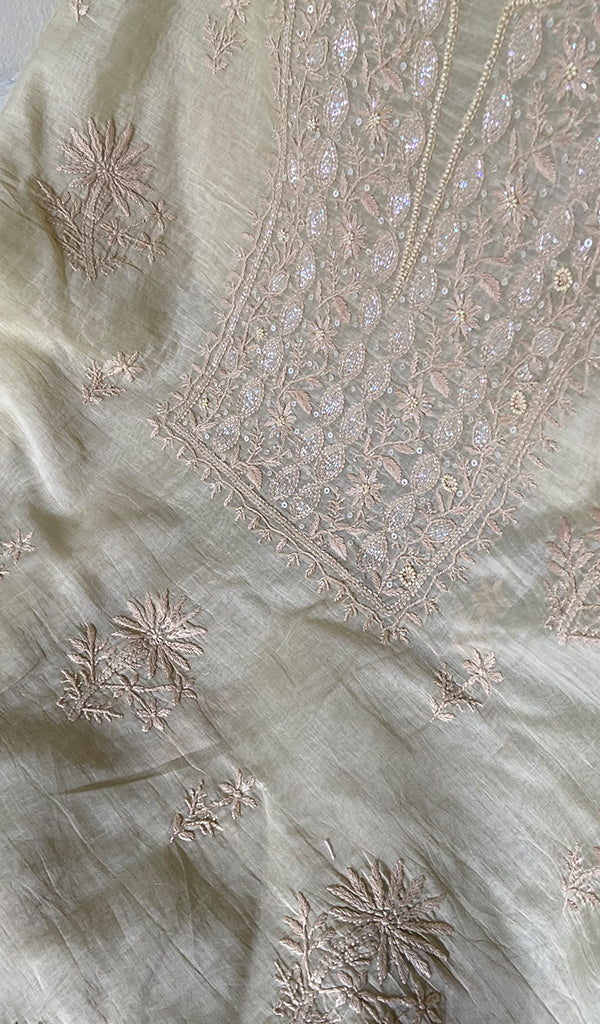 Women's Lakhnavi Handcrafted Mul Chanderi Unstitched Chikankari Full Suit Material - HONC0345323