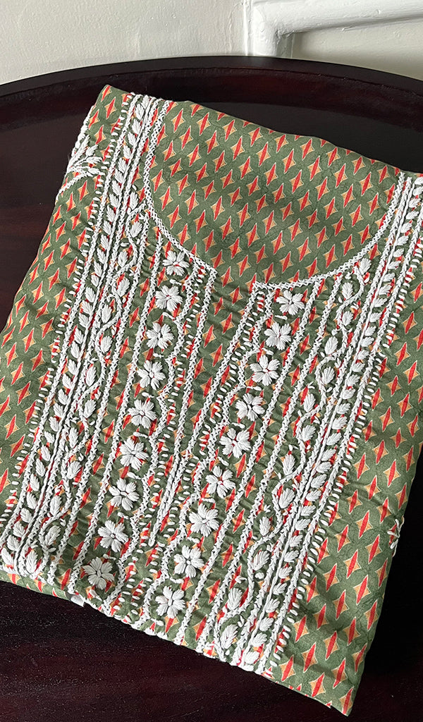 Women's Lucknowi Handcrafted Cotton Chikankari Unstitched Kurti Fabric - HONC086727