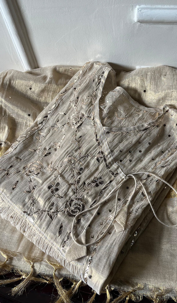 Women's Lucknowi Handcrafted Tissue Chanderi Chikankari Semi - Stitched Kurta Dupatta Set- HONC0279325
