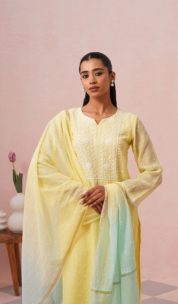 Jazba Women's Lakhnavi Handcrafted Mul Chanderi Chikankari Stitched Kurta, Dupatta And Pant Set - HONC0469874