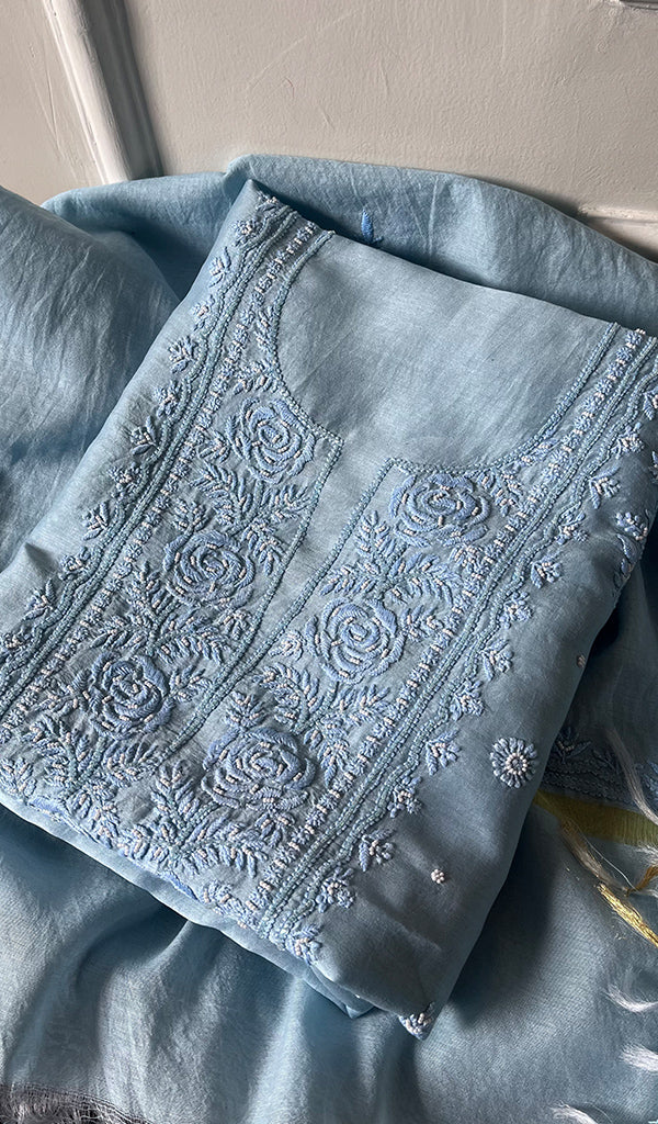 Women's Lakhnavi Handcrafted Mul Chanderi Chikankari Full Suit Material - HONC0271177