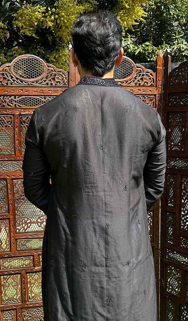 Men's Lucknowi Handcrafted Chanderi Chikankari Silk Kurta - HONC03224290