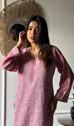 Load image into Gallery viewer, Women's Lakhnavi Handcrafted Cotton Chikankari Kurti - HONC0343825