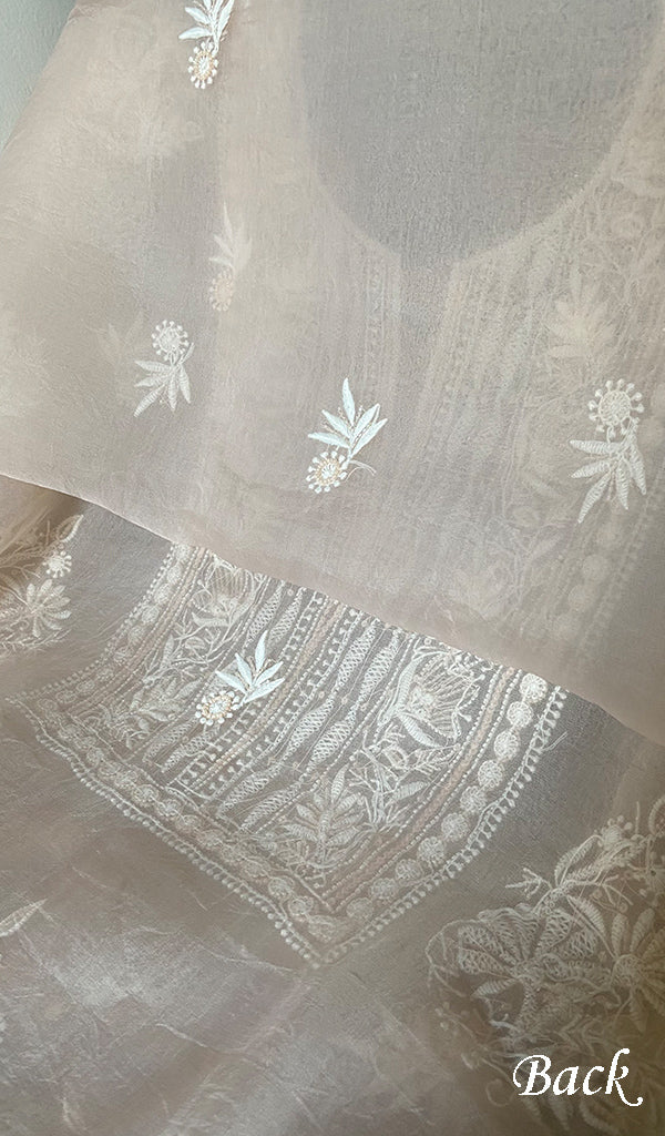 Women's Lakhnavi Handcrafted Pure Organza Chikankari Unstitched Kurta And Dupatta Set- HONC0329219