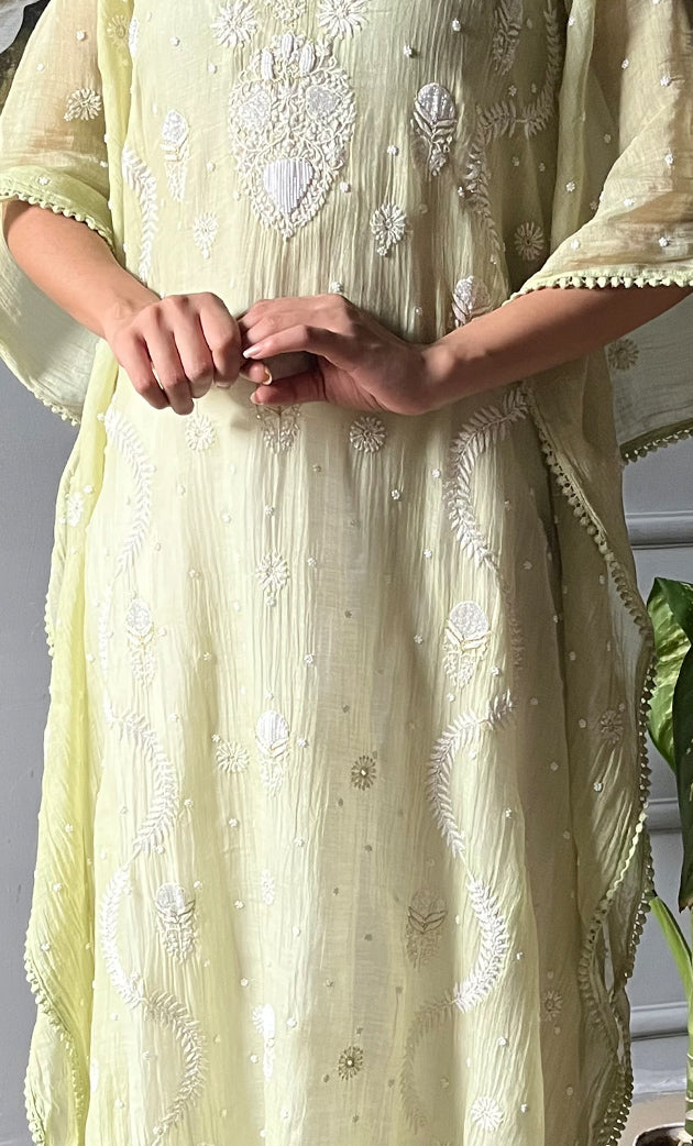 Rabia Women's Lucknowi Handcrafted Mul chanderi Chikankari Kaftan - HONC0304371