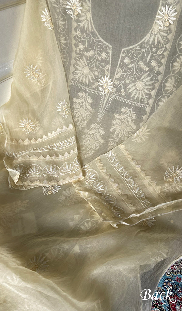 Women's Lakhnavi Handcrafted Pure Organza Chikankari Semi - stitched Kurta And Dupatta Set- HONC0310094