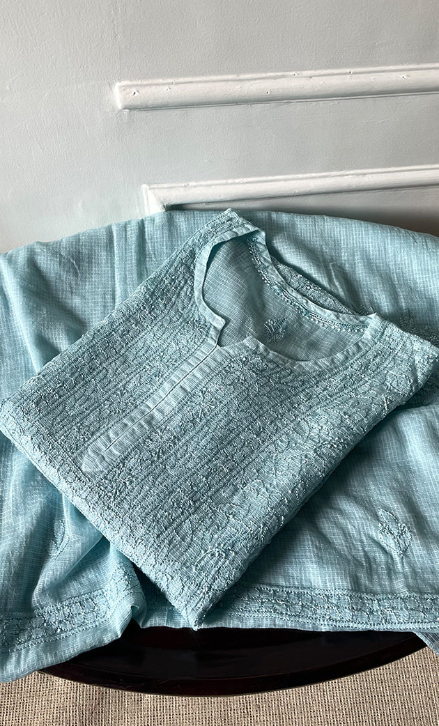 Women's Lakhnavi Handcrafted Kota Cotton Semi - Stitched Kurta And Dupatta Set- HONC0314208