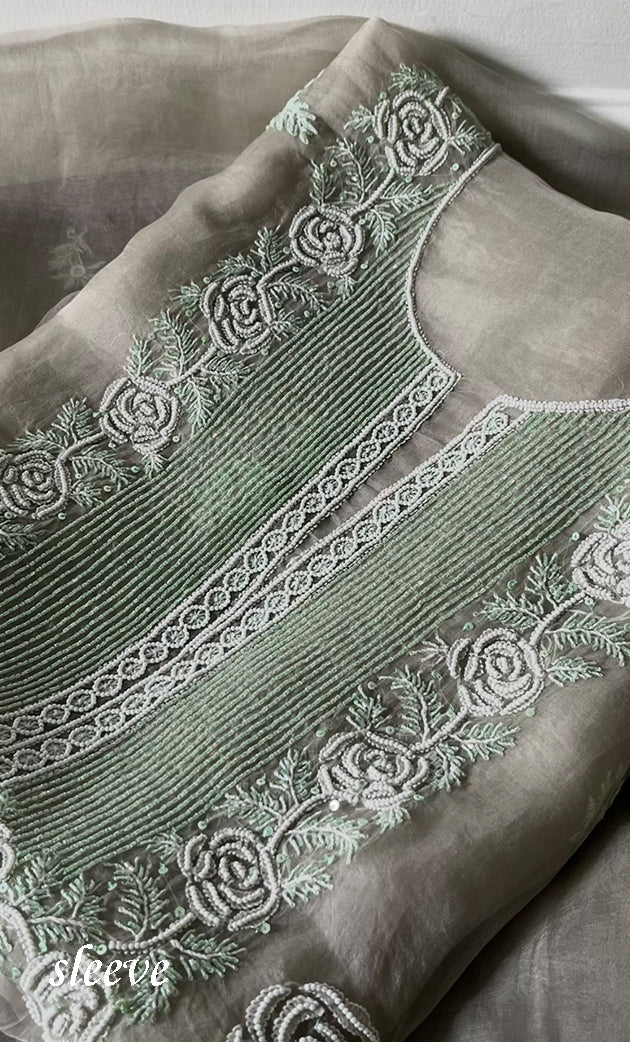 Women's Lakhnavi Handcrafted Pure Organza Chikankari Unstitched Kurta And Dupatta Set- HONC0311242