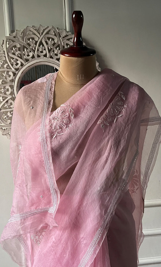 Women's Lucknowi Handcrafted Pure Organza Silk Chikankari Saree - HONC0321771