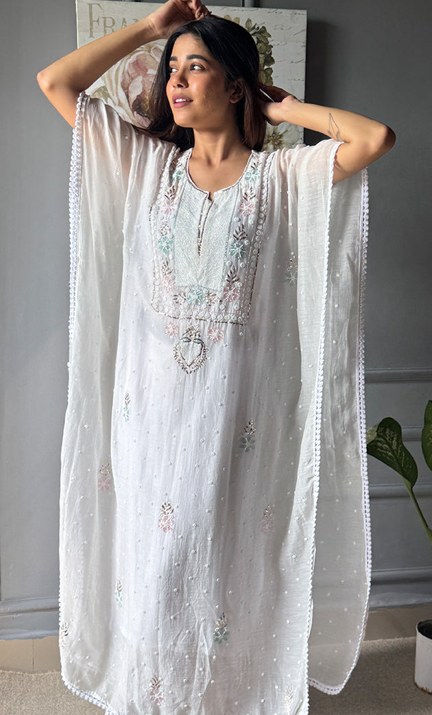 Rabia Women's Lucknowi Handcrafted Mul chanderi Chikankari Kaftan - HONC0301648