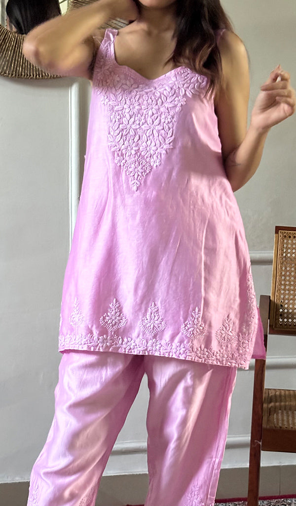 Amreena Women's Lakhnavi Handcrafted Chanderi Silk Chikankari Top And Pant Set - HONC0344955