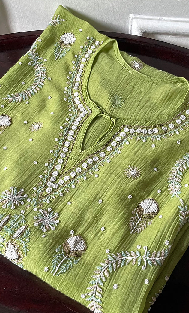 Rabia Women's Lucknowi Handcrafted Mul chanderi Chikankari Kaftan - HONC0311996