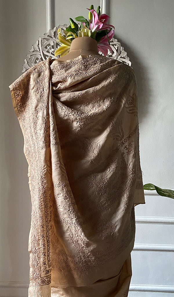 Women's Lakhnavi Handcrafted Tussar Silk Chikankari Saree - HONC0331050