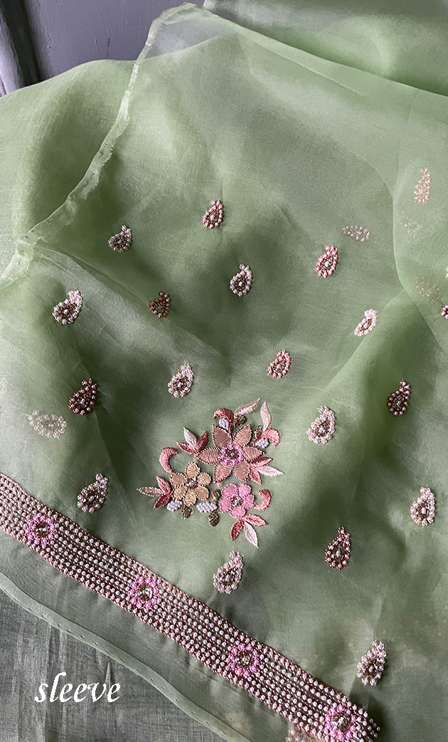 Women's Lakhnavi Handcrafted Pure Organza  Silk Chikankari Unstitched Full Suit Material - HONC0267226