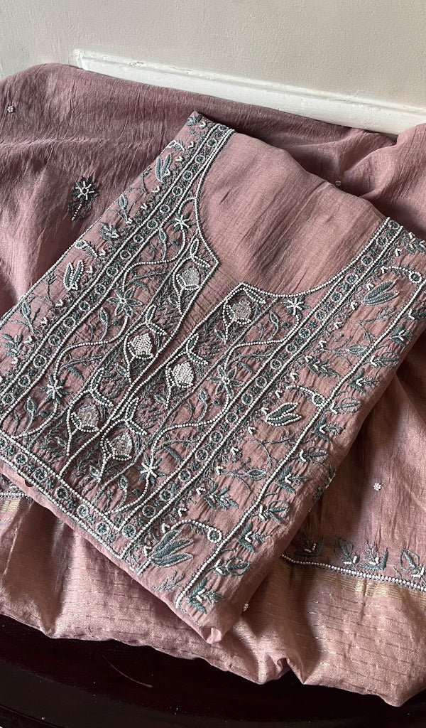 Women's Lakhnavi Handcrafted Mul Chanderi Unstitched Kurta And Dupatta Set - HONC0287728