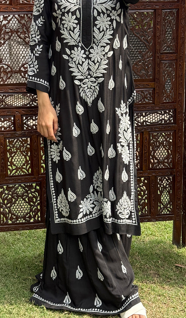 Women's Lakhnavi Handcrafted Modal Cotton Chikankari Kurta And Palazzo Set - HONC0200274