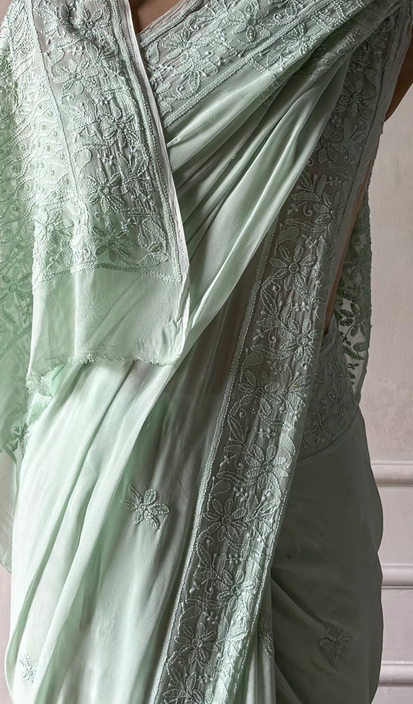 Women's Lakhnavi Handcrafted Viscose Georgette Chikankari Saree - HONC0337526