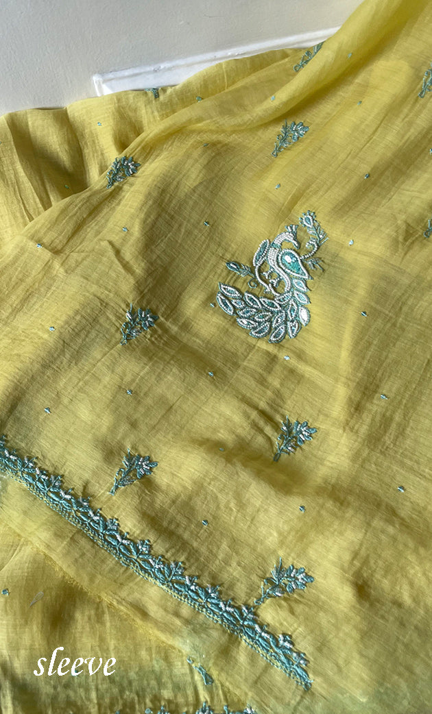 Women's Lakhnavi Handcrafted Unstitched Mul Chanderi Kurta And Dupatta Set - HONC0295586