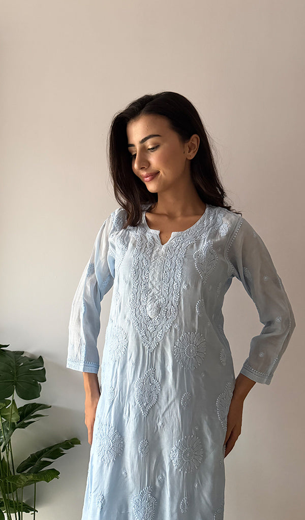 Women's Lakhnavi Handcrafted Modal Cotton Chikankari Kurti And Plazzo Set - HONC0371328