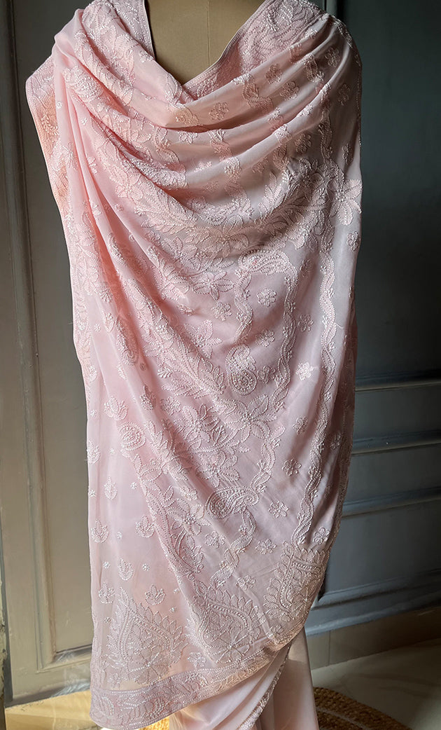 Women's Lakhnavi Handcrafted Viscose Georgette Chikankari Saree - HONC0301798
