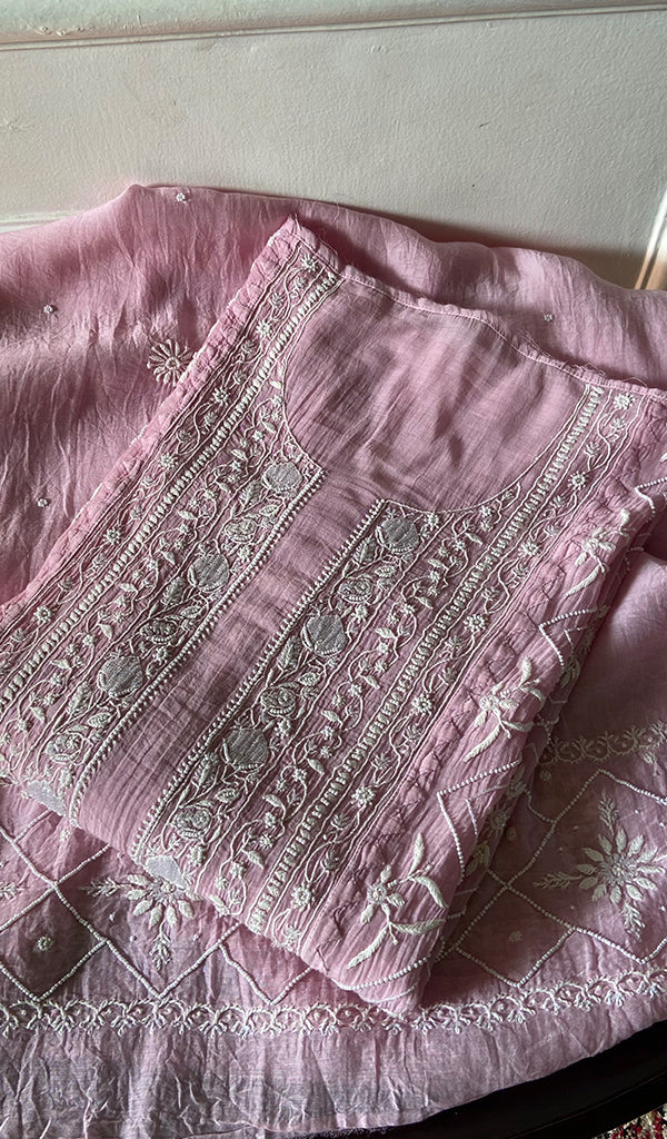 Women's Lakhnavi Handcrafted Mul Chanderi Semi - Stitched Chikankari Full Suit Material - HONC0360100