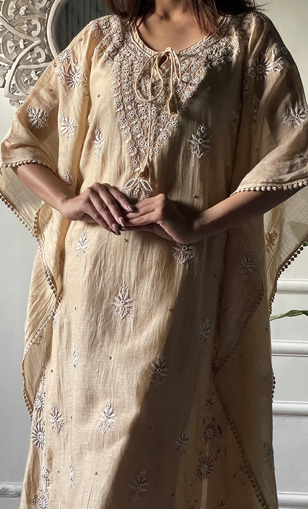Women's Lucknowi Handcrafted Mul chanderi Chikankari Kaftan - HONC0318263
