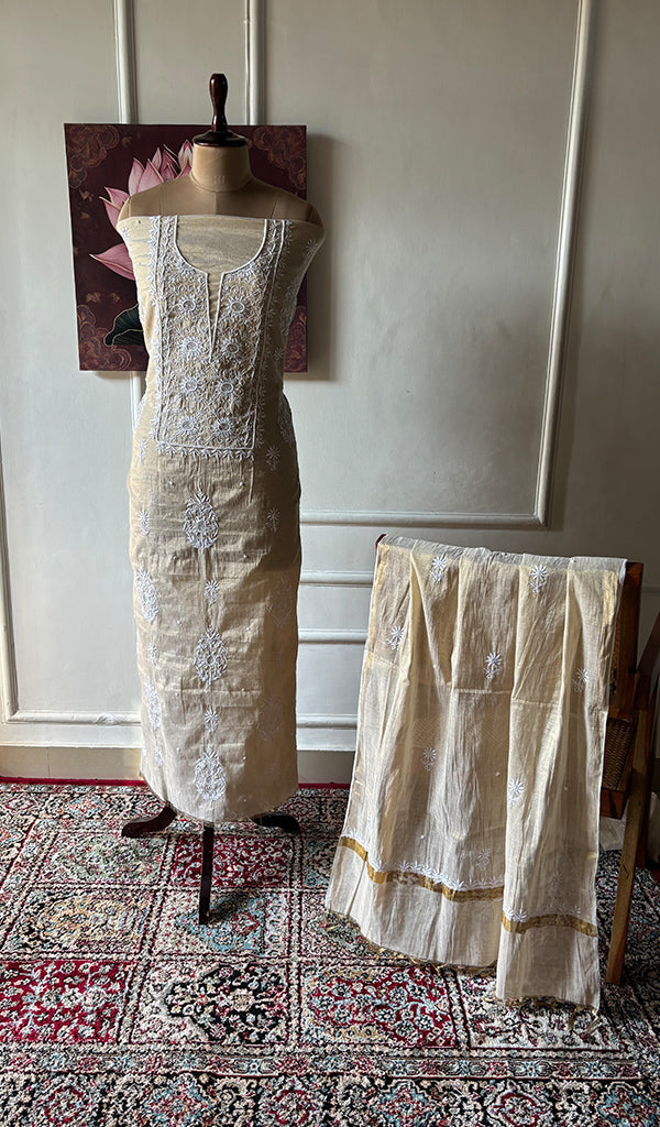 Women's Lakhnavi Handcrafted Tissue Chanderi Unstitched Chikankari Kurta And Dupatta Set - HONC0347897