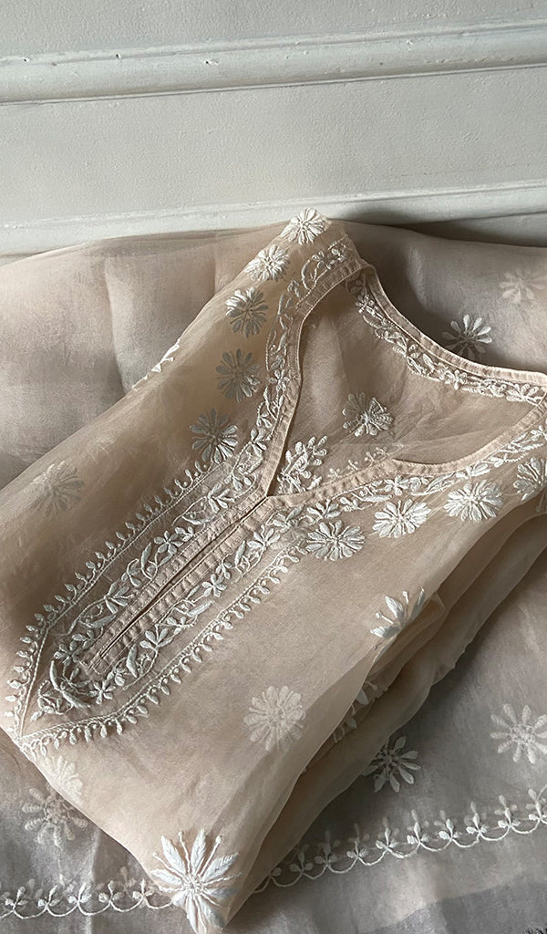 Women's Lakhnavi Handcrafted Pure Organza Chikankari Semi stitched Kurta And Dupatta Set- HONC0348611