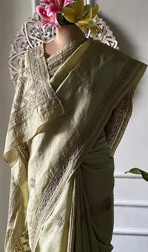 Women's Lakhnavi Handcrafted Tussar Silk Chikankari Saree - HONC0342572