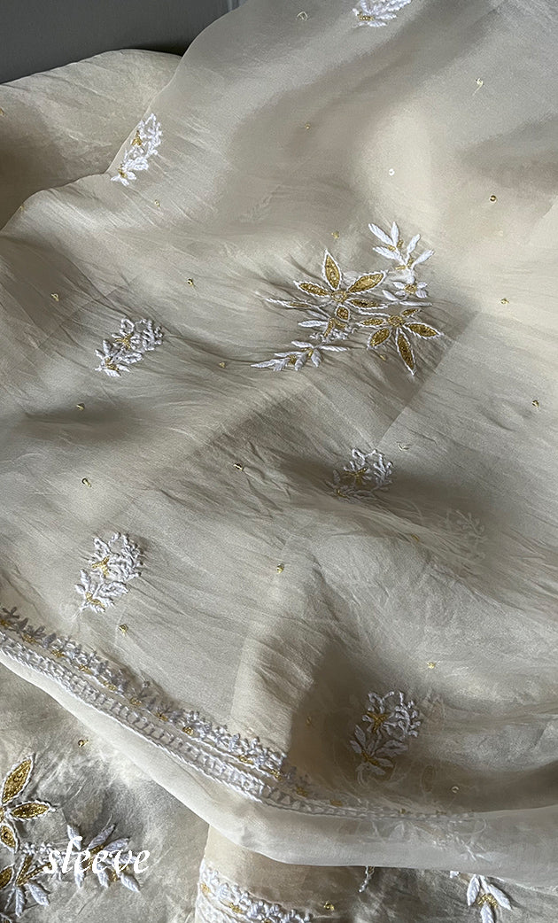 Women's Lakhnavi Handcrafted Pure Organza Chikankari Unstitched Kurta And Dupatta Set- HONC0319581