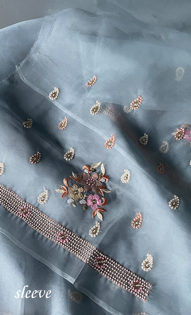 Women's Lakhnavi Handcrafted Pure Organza  Silk Chikankari Unstitched Full Suit Material - HONC0267223