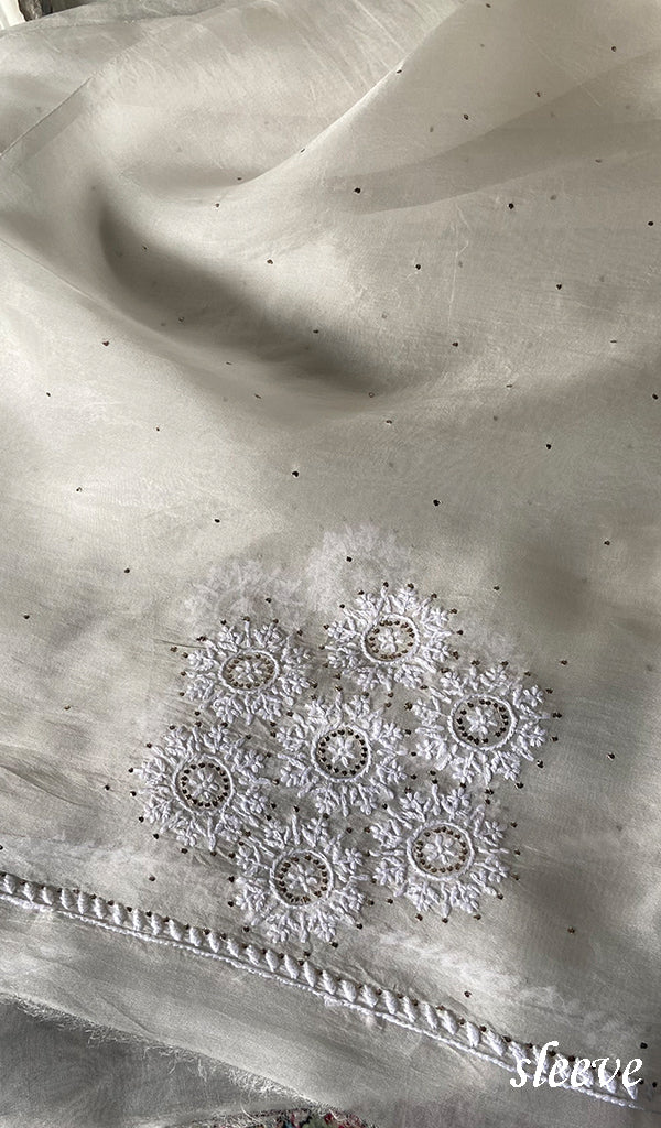 Women's Lakhnavi Handcrafted Pure Organza Chikankari Unstitched Kurta And Dupatta Set- HONC0341955
