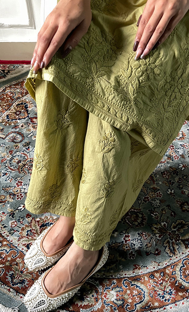 Women's Lakhnavi Handcrafted Chanderi Silk Chikankari Top And Pant Set - HONC0320578