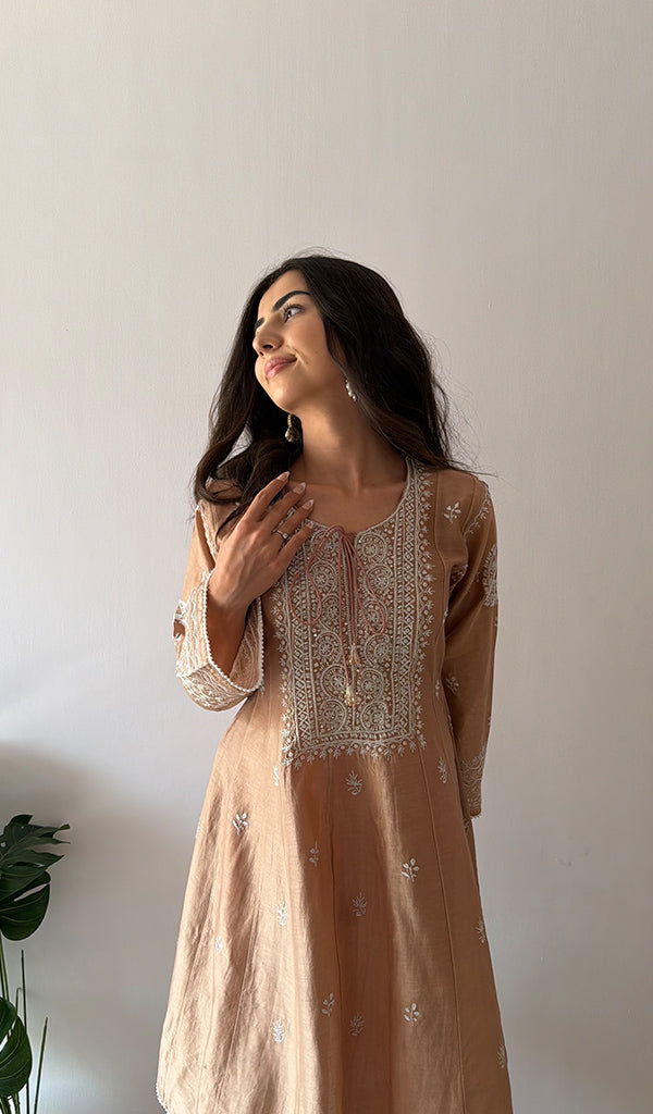 Women's Lucknowi Handcrafted Mul Chanderi Stitched Chikankari Kurta And Plazzo Set- HONC0545444
