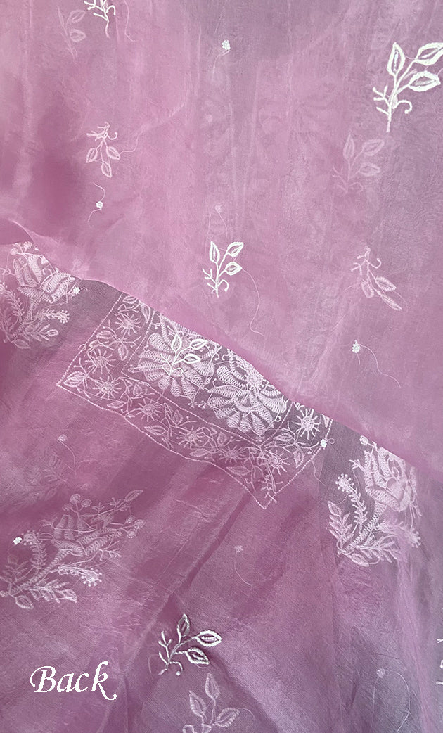 Women's Lakhnavi Handcrafted Pure Organza Chikankari Unstitched Kurta And Dupatta Set- HONC0288321