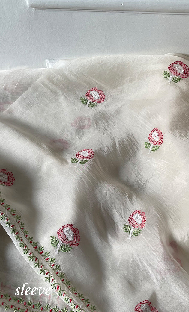 Women's Lakhnavi Handcrafted Pure Organza Chikankari Unstitched Kurta And Dupatta Set- HONC0319583