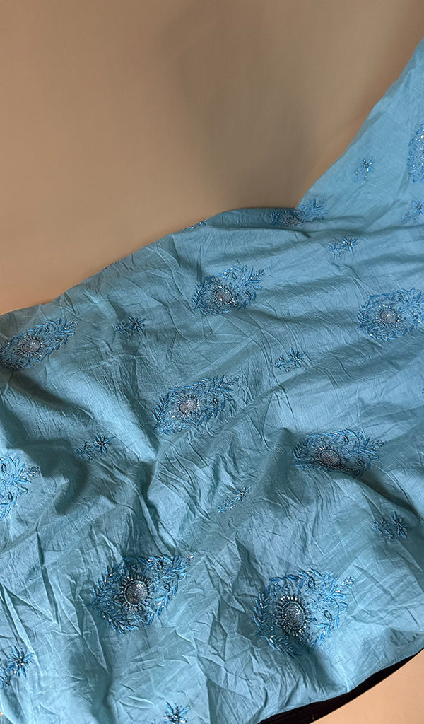 Women's Lakhnavi Handcrafted Mul Chanderi Unstitched Chikankari Full Suit Material - HONC0367213