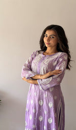 Load image into Gallery viewer, Women's Lucknowi Handcrafted Mul Chanderi Stitched Chikankari Kurta And Plazzo Set- HONC03790590